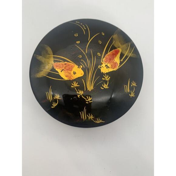 Vintage Black Lacqer Over Porcelain Hand painted Goldfish / Koi Trinket Box - Picture 3 of 6